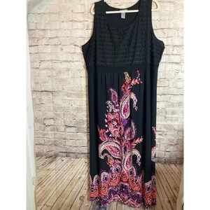 Catherines Maxi Dress Womens 3X Black & Pink Paisley Pleated Stretchy Long Plus